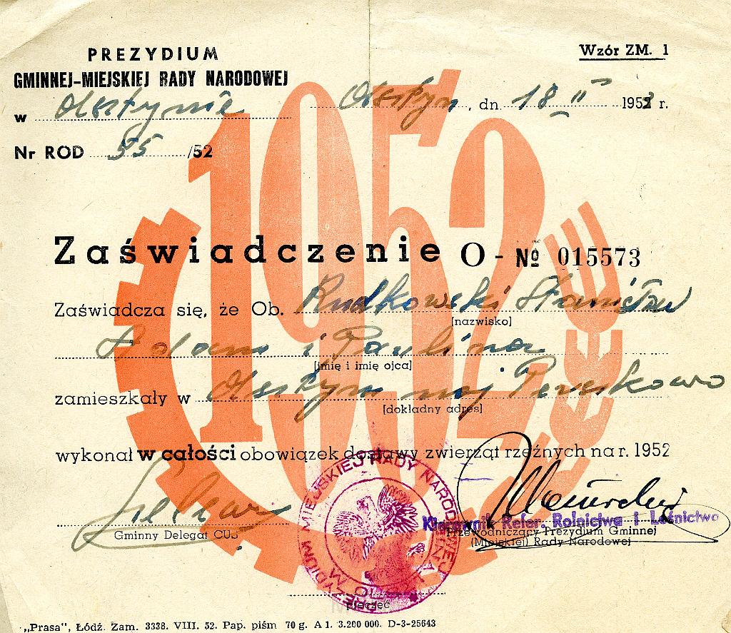 KKE 3550.jpg - Dokument . Stanisław Rutkowski zaświadczenie o obowiązkowych dostawach zwierząt rzeźnych, Olsztyn, 1953 r.